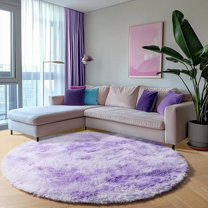 ONASAR Tie-Dyed Purple Round Area Rug 4ft, Soft Bedroom Circle Rugs Floor Mats for Kids Girls Teen Room, Kawaii Fluffy Plush Shaggy Carpet for Baby Nursery Living Room Playroom Home Decor