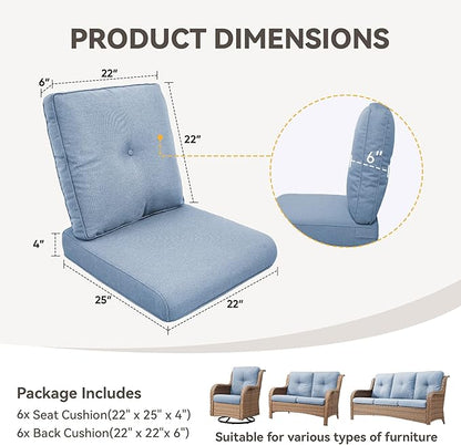 Patio Cushions for Outdoor Furniture - 22" x 25" x 4" UV Resistant Thick Foam Cushions Water Resistant Replacement Cushion for Outdoor Patio Furniture Chair/Sofa/Couch | Baby Blue | 6-Pack |