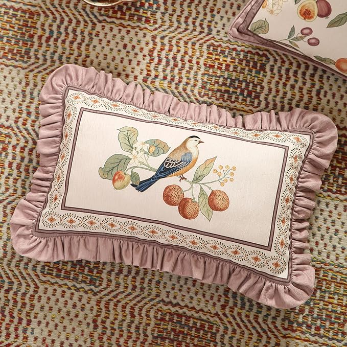 Pink Rectangle Farmhouse Throw Pillow Covers,Birds and Flowers Pattern Cozy Velvet Pillowcases,Decoration Lumbar Pillows Cushion Covers for Couch Sofa Bed Car Chair,12"x20"