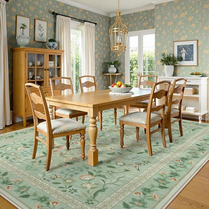 Lahome Floral 9 x 12 Area Rugs for Living Room, Green Non-Slip Untra-Thin Washable Dining Room Rug, Vintage Botanical Print Low-Pile Soft Carpet for Bedroom Office, Sage