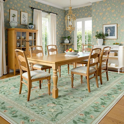 Lahome Floral 9 x 12 Area Rugs for Living Room, Green Non-Slip Untra-Thin Washable Dining Room Rug, Vintage Botanical Print Low-Pile Soft Carpet for Bedroom Office, Sage
