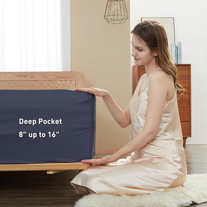 Sunflower Full Fitted Sheet, 1-Piece Deep Pocket Fitted Bottom Sheet 16", 100% Cotton Sateen Soft Breathable, Blue Indigo