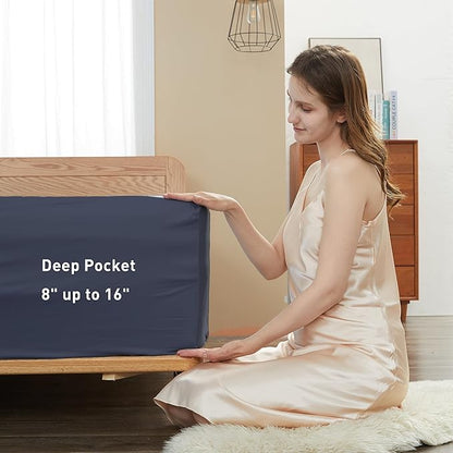 Sunflower Full Fitted Sheet, 1-Piece Deep Pocket Fitted Bottom Sheet 16", 100% Cotton Sateen Soft Breathable, Blue Indigo