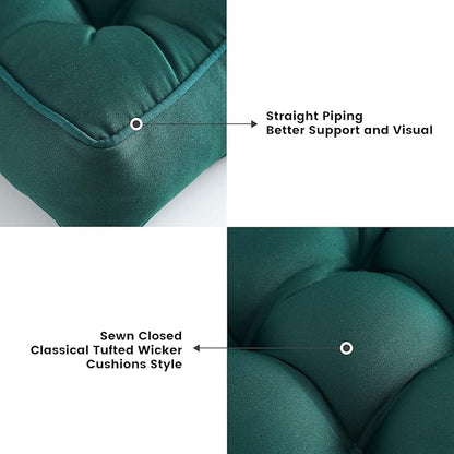 ARTPLAN Outdoor Seat Cushion,Square Thick Tufted Chair Cushion for Patio Wicker Chair with Tie,Set of 2,19"x19"x5",Invisible Green