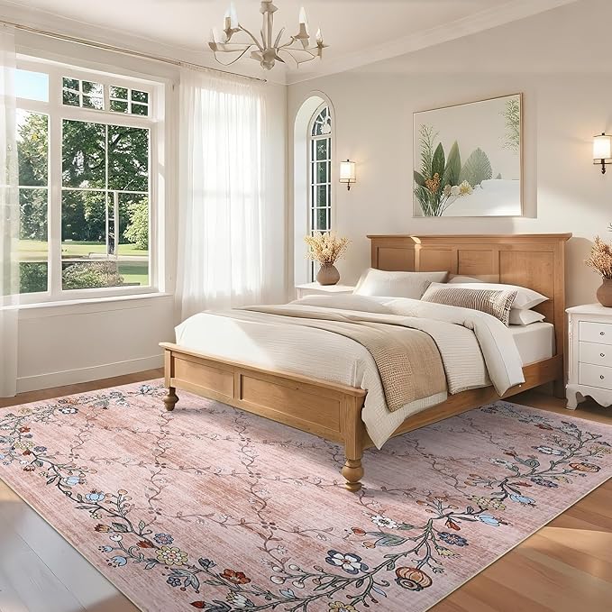 GarveeHome 8x10 Washable Floral Area Rugs for Living Room: Modern Floral Non Slip Large Area Rugs for Bedroom, Large Machine Washable Living Room Low Pile Carpet with Non-Slip Backing Pink 8'x10'.