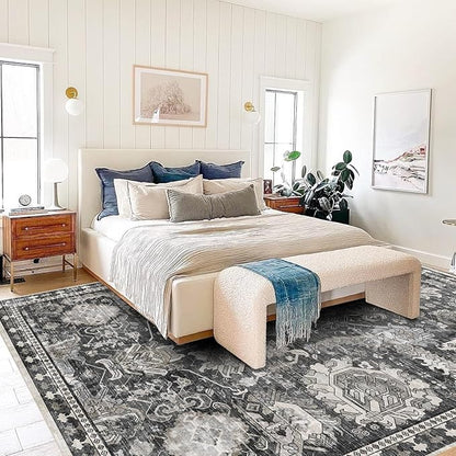 RUGSURE Washable Area Rugs - Perfect for Living Room, Bedroom, Kids Room, Nursery - Stain & Water Resistant Non-Slip, Pet & Child Friendly, Vintage Tribal Area Rugs (Grey, 3' x 5 ')