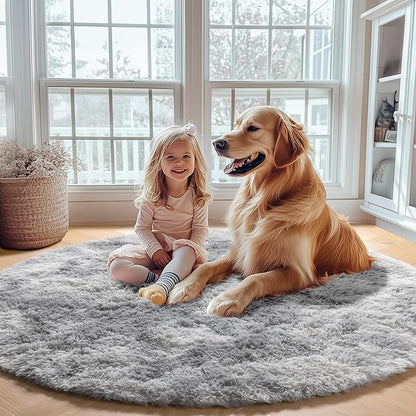 ONASAR Tie-Dyed Light Grey Round Area Rugs 6ft, Ultra Soft Bedroom Circle Rug for Kids Girls Boys Teen Room, Fluffy Plush Shaggy Carpet Floor Mats for Dorm Nursery Living Room Playroom Home Decor