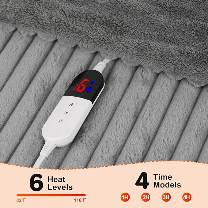 Heated Electric Blanket Throw: 6-Level Fast Heating, 4-Hour Auto-Off, Soft&Warm Stripe Faux Rabbit Fur, for Couch Home Office, with Overheating Protection & ETL Certified(50 x 60,Gray)