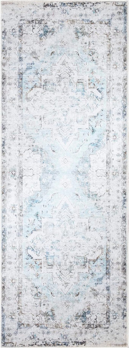 Bloom Rugs Washable Non-Slip 7 ft Runner - Beige/Blue Traditional Runner for Entryway, Hallway, Bathroom, and Kitchen - Exact Size: 2.5' x 7'