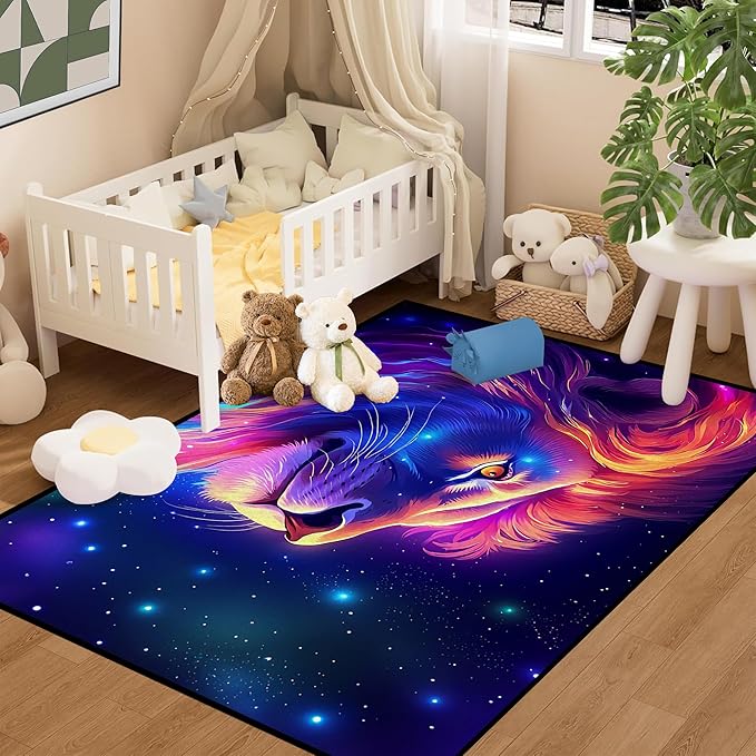 Galaxy Lion Rug 3D Fierce Lions Area Rugs for Kids Bedroom Living Room Playroom Gameroom Boys Glitter Carpet Throw Rugs Floor Mat 59 in x 39 in