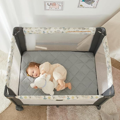 TILLYOU Pack and Play Sheet - Soft Quilted Crib Cover Pad, Toddlers Mattress Protector with 1''-3'' Deep Pocket, Thick Play Yard Playpen Sheets, Breathable Fluffy Crib Mattress Pad, 39"x27", Grey
