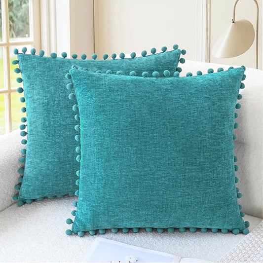 CaliTime Throw Pillow Covers Decorative 22 X 22 Inches Pack of 2 Cozy Solid Dyed Soft Chenille Cushion Cases with Pom Poms for Couch Sofa Bed Living Room Home Lake Blue