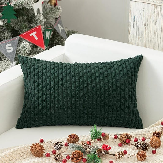 Kevin Textile 14x24 Inch Pillow Cover 1 Pack Boho Christmas Decorative Soft Striped Corduroy Lumbar Farmhouse Color Accent Rectangle Cushion Case for Living Room Couch Sofa Bed, Army Green