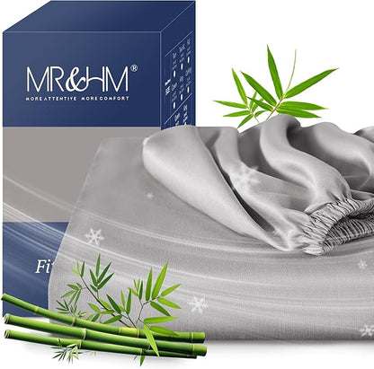 MR&HM California King Fitted Sheet, Ultra-Soft Rayon Derived from Bamboo & Polyester Blend, Silky & Breathable, 15" Deep Pocket with Elastic Straps, Cooling Fitted Sheet for Hot Sleepers, Silver Grey