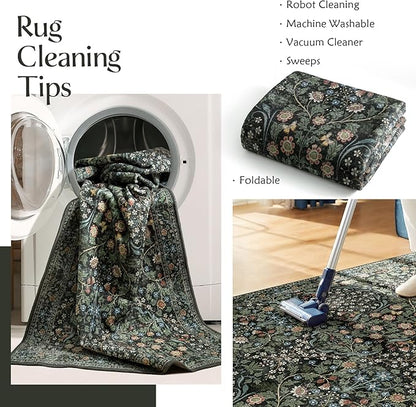 MUJOO 8x10 Area Rugs,Floral Washable Rugs for Living Room Dining Room Bedroom,Large Throw Carpet,Boho Non Slip Indoor Floor Big Soft Botanical Vintage Ultra-Thin Black and Green