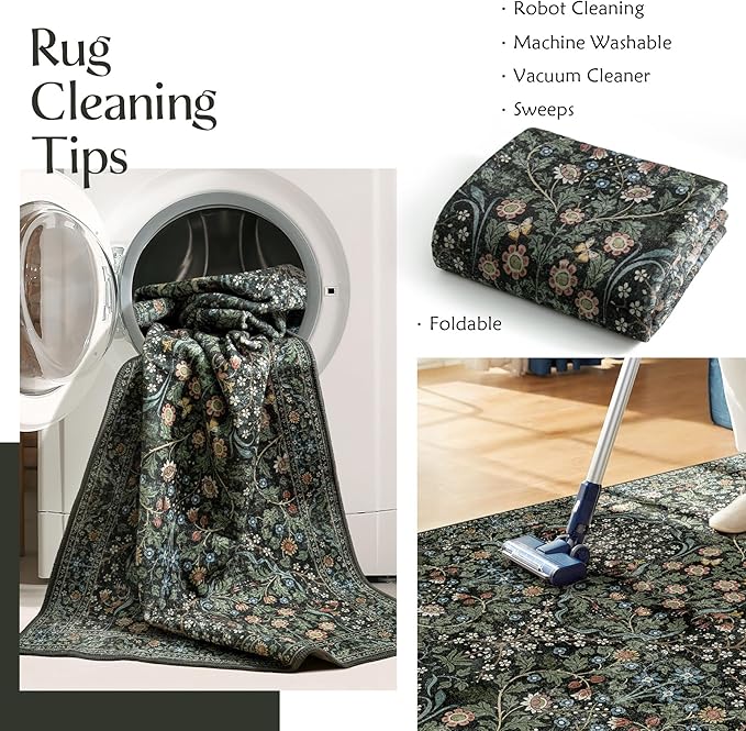 MUJOO 3x5 Rug Washable,Floral Area Rug for Bedroom Office Entryway Living Room Bedside,Small Throw Carpet Boho Non Slip Indoor Floor Botanical Vintage Ultra-Thin Black and Green