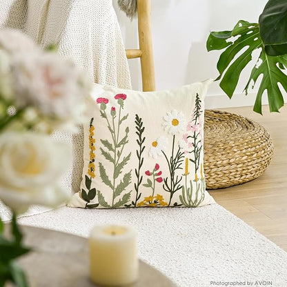 AVOIN colorlife Holiday Floral Embroidered Decorative Throw Pillow Covers Set of 2, 18 x 18 Inch Daisy Colorful Flowers Tufted Patterned Linen Cushion Cases for Bedroom Living Room Sofa Couch