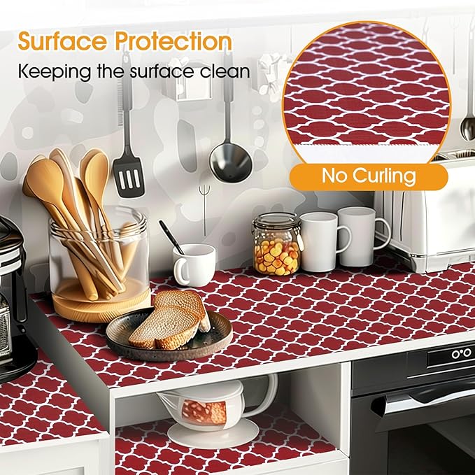 Shelf and Drawer Liner for Kitchen Cabinets Non-Adhesive, Strong Grip Non-Slip Thickened Cabinet Liners for Shelves, Waterproof Mats for Dresser Cupboard, Red/White, 12 in x 20 Feet