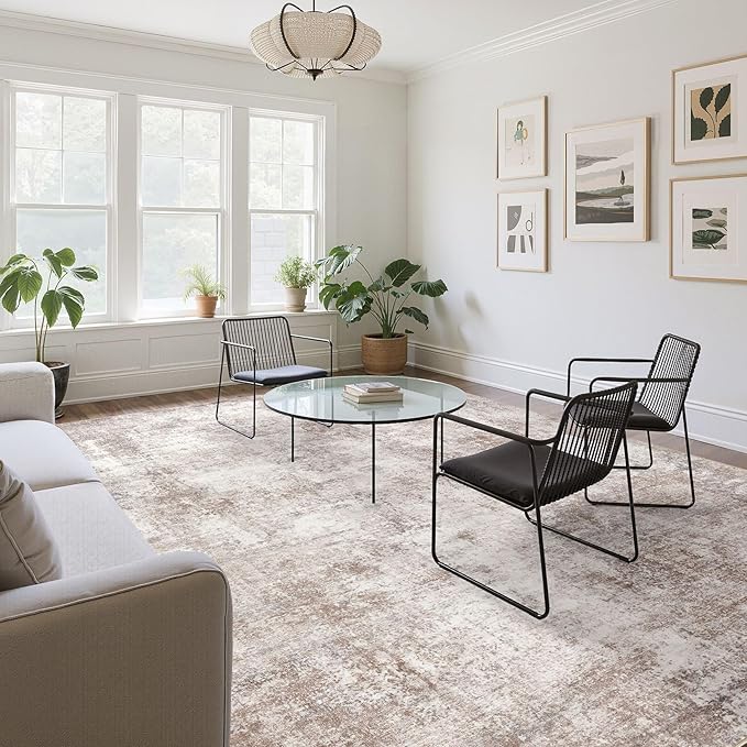 Washable 9X12 Area Rug: Modern Abstract Soft Non-Slip Indoor Rugs Home Decor - Low Pile Stain Resistant Foldable Carpet for Living Room Bedroom Dining Room Playroom Office(Brown,9'x12')