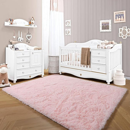 ONASAR Pink 6x9 Area Rugs for Living Room Bedroom, Washable Large Fluffy Bedside Throw Rug, Soft Plush Shaggy Fuzzy Floor Carpet for Nursery Kids Girls Boys Teen Dorm Home Office Decor Aesthetic