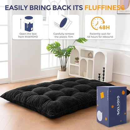 MAXYOYO Japanese Floor Mattress Full Size, 6" Foldable Futon Mattress Tufted Roll Up Floor Bed, Thick Chenille Tatami Mat Sleeping Pad for Camping Guest Room Dormitory Bedroom RV, Black