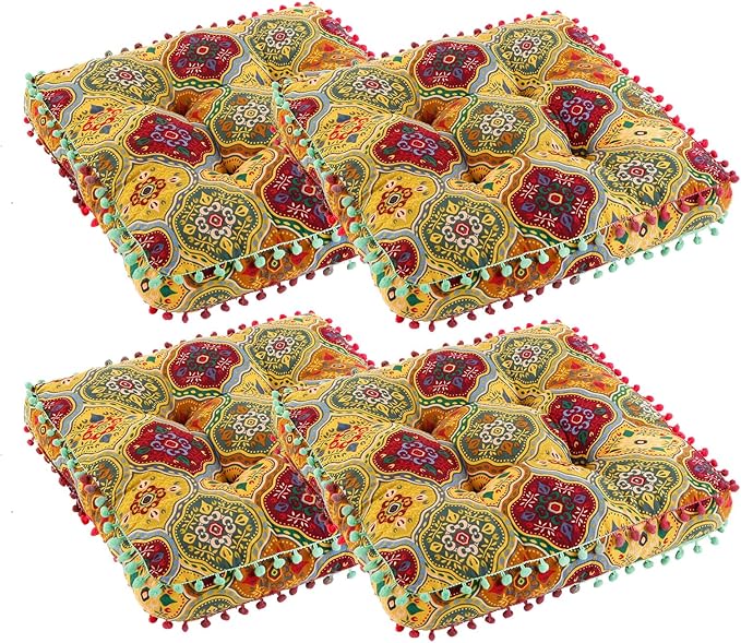 Bohemian Seat Cushion，Indoor & Outdoor 16.5" x 16.5" Seating Cushion for Dinning Chairs, Decorative with Tassels(4Pcs, Yellow)