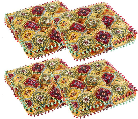 Bohemian Seat Cushion，Indoor & Outdoor 16.5" x 16.5" Seating Cushion for Dinning Chairs, Decorative with Tassels(4Pcs, Yellow)