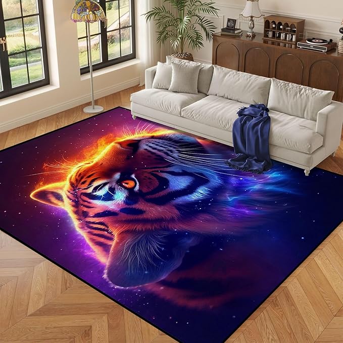 6' x 9' Galaxy Tiger Rug Large 3D Fierce Tigers Space Area Rugs for Bedroom Living Room Playroom Gameroom Boys Kids Fire Glitter Carpet Throw Rugs Floor Mat,180 X 275cm