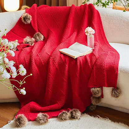 vctops Christmas Fur Pom Pom Knit Throw Blanket Super Soft Warm Cozy Cable Knitted Blanket for Sofa and Couch 51 x 63 Inch Red