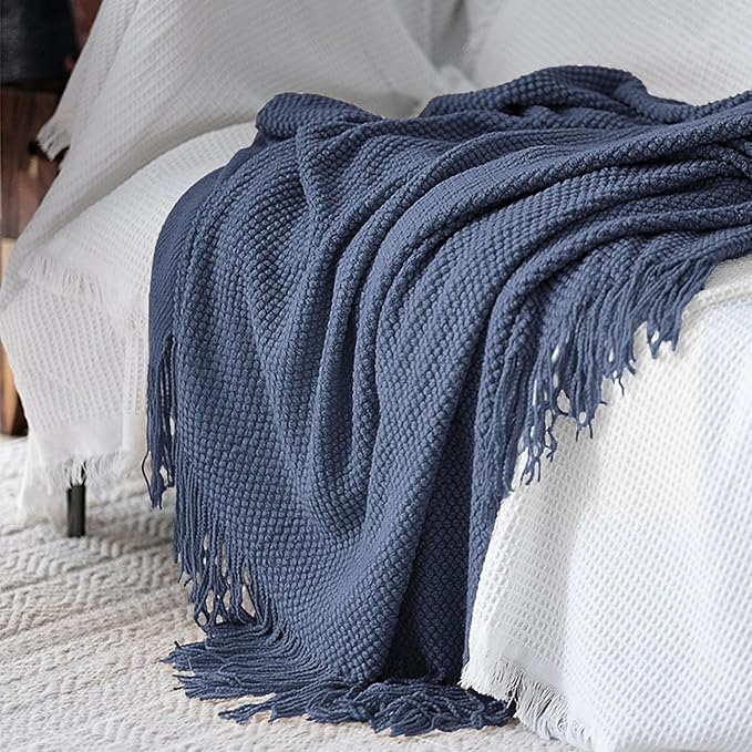LOMAO Knitted Throw Blanket with Tassels Bubble Textured Lightweight Soft Throws for Couch Cover Home Decor (Navy, 60x90)