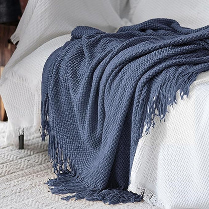 LOMAO Knitted Throw Blanket with Tassels Bubble Textured Lightweight Soft Throws for Couch Cover Home Decor (Navy, 60x90)