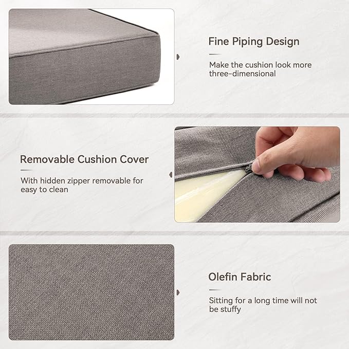 Luxury 6" Outdoor Cushions for Patio Furniture, 24x24x6" Thick Seat Cushion Set of 3, Fade Resistant Couch Chair Replacement Cushions High Density Deep Wicker Chair Cushion w/ Removable Cover Gray