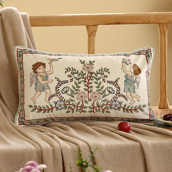 Rectangle Throw Pillow Covers Pack of 2,Green Cozy Velvet Farmhouse with Angles and Floral Pattern Pillowcases,Decor Lumbar Pillows Cushion Covers for Couch Sofa Bed Car Chair,12"x20"