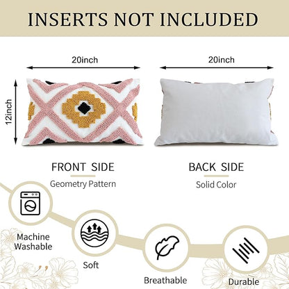 Boho Accent Lumbar Pillow Covers 12x20 - Tufted Abstract Modern Throw Pillow Covers, Farmhouse Decorative Pillowcase for Couch, Sofa, Bed, Living Room -Pink Black Orange Geometric