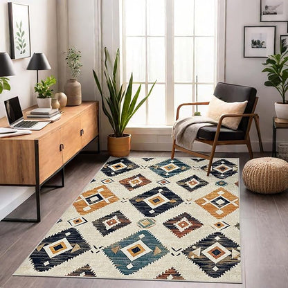 5x7 Western Aztec Area Rug Southwestern Tribal Black Beige Tan Rug Non Slip Low Pile Large Carpet for Home Kitchen Living Room Bedroom Dining Room Office