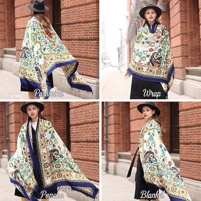 DANA XU 100% Merino Wool Pashmina Shawl for Women 96"x43", Oversized Cashmere Wrap with Tassels, Floral Travel Blanket Cape