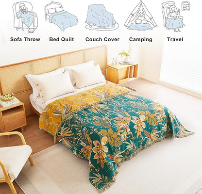 MSGKV Boho Throw Blanket for Couch 100% Cotton Embroidery Blanket 50"x60" Sofa Bed Chair Muslin Breathable All Seasons Lightweight Farmhouse Blankets Home Decor