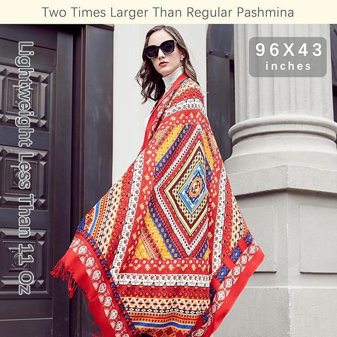 DANA XU 100% Merino Wool Pashmina Shawl for Women 96"x43", Oversized Cashmere Wrap with Tassels, Floral Travel Blanket Cape