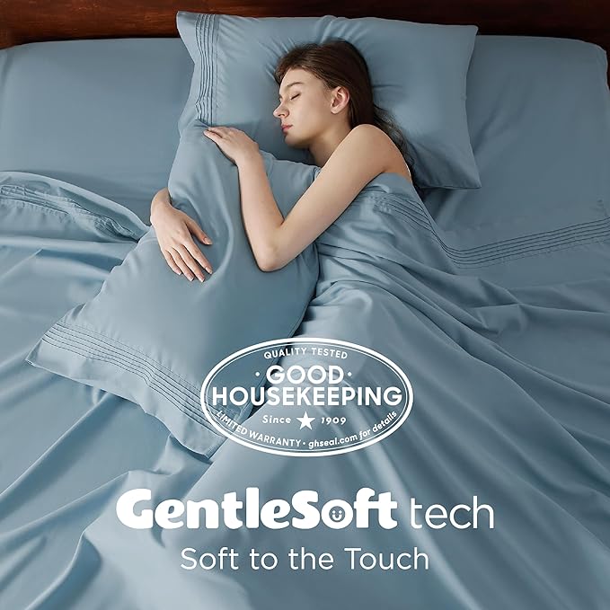 Bedsure Deep Pocket Queen Sheets Set - Fits Mattresses Up to 21 Inches Thick - 4 Piece GentleSoft Bed Sheets, Moisture Wicking, Soft & Cooling Bedsheet & Pillowcases, Easy & Secure Fit, Mineral Blue