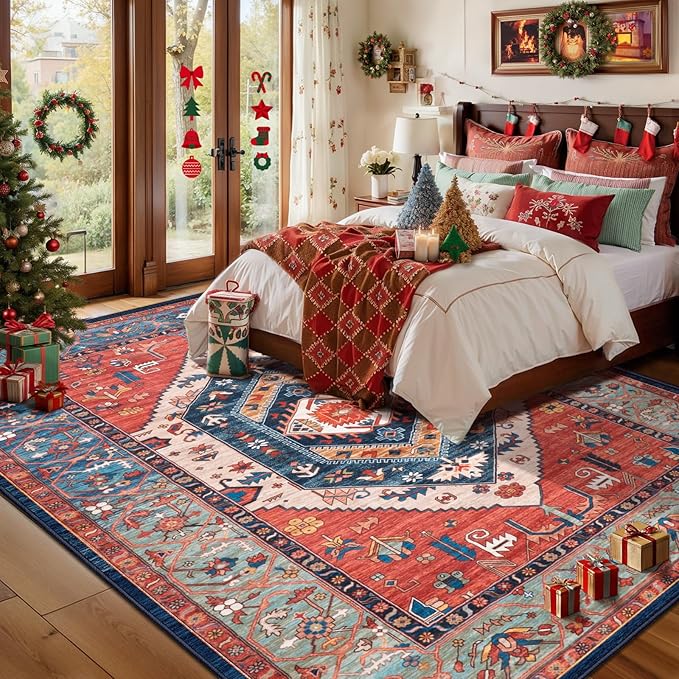 SERISSA 5x8 Area Rugs for Living Room, Large Washable Non-Slip Boho Rug, Ultra Soft Vintage Rust Oriental Tribal Print Distressed Carpet for Bedroom Dining Room Dorm Office Home Decor