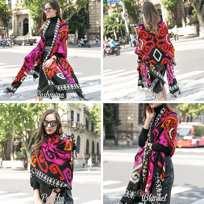 DANA XU 100% Merino Wool Extra Large Pashmina Blanket Travel Scarf Cashmere Wrap for Women Fall Winter Oversize Shawl Floral