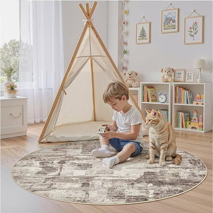 Abstract Living Room Rug Round 6FT - Modern Washable Soft Thin Area Rug for Living Room Bedroom Under Dining Table - Neutral Indoor Floor Rug Carpets for Home Office Playroom Nursery - Brown