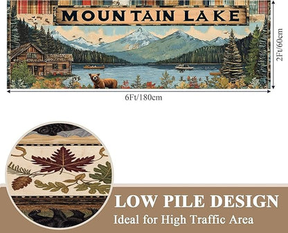 Colorful Oil Painting Bear Rug 2x4ft with Mountain Cabin - Bohemian Non-Slip Rug for Living Room, Washable Foldable Carpet, Forest River Landscape Decor