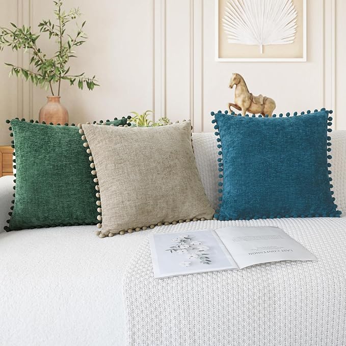 CaliTime Throw Pillow Covers Decorative 18 X 18 Inches Pack of 2 Cozy Solid Dyed Soft Chenille Cushion Cases with Pom Poms for Couch Sofa Bed Living Room Home Taupe