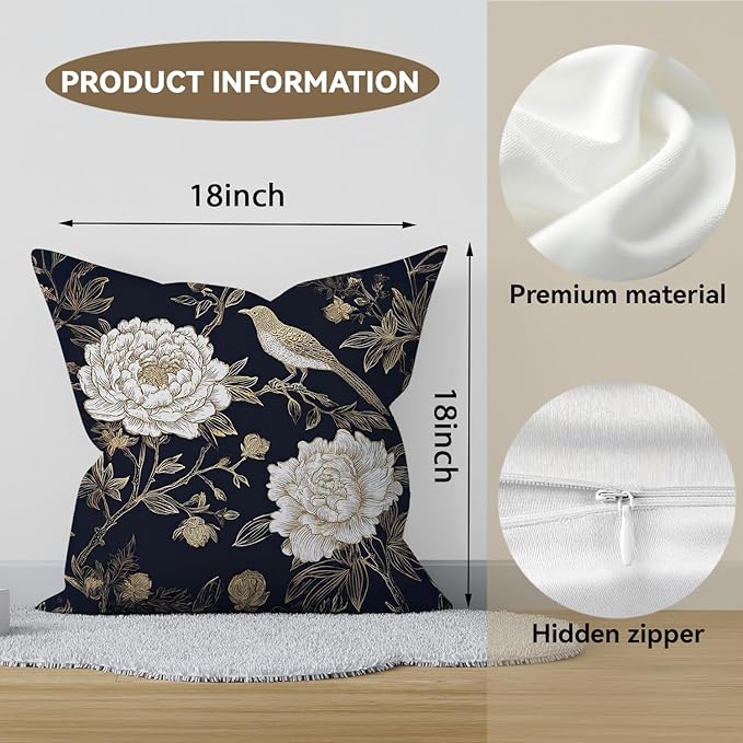 Vintage Floral Throw Pillow Covers, Vintage Flower Pattern Double Sided Cushion Cover, Indoor and Outdoor Home Art Decor Pillowcase for Sofa or Bedroom Decor 18x18inches (Flower&Bird, 18x18inches)