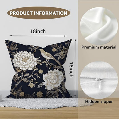 Vintage Floral Throw Pillow Covers, Vintage Flower Pattern Double Sided Cushion Cover, Indoor and Outdoor Home Art Decor Pillowcase for Sofa or Bedroom Decor 18x18inches (Flower&Bird, 18x18inches)