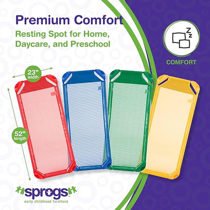 Sprogs Heavy-Duty Stackable Standard Size 52"L Daycare Cots for Kids and Toddlers, Stacking Preschool Classroom Kids Cots for Sleeping, Resting, Naptime, Pack of 4, Assorted Color