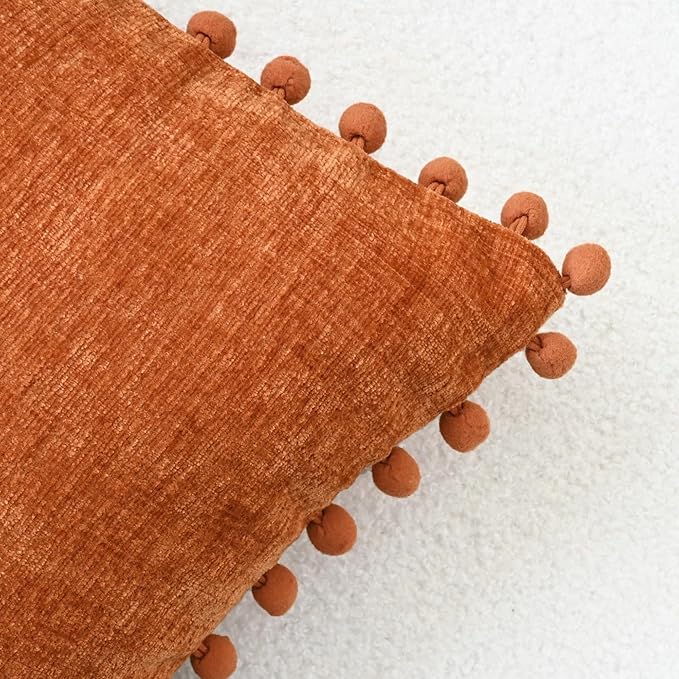 CaliTime Fall Throw Pillow Covers Decorative 16 X 16 Inches Pack of 2 Cozy Solid Dyed Soft Chenille Cushion Cases with Pom Poms for Couch Sofa Bed Living Room Home Burnt Orange