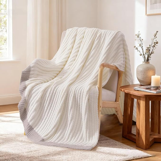 WRENSONGE Striped Throw Blanket, White Soft Cozy Fluffy Warm Hand Made Throw Blankets for Couch, Sofa, Chair, Bed, Camping, Picnic, Travel Lightweight Bed Blanket - 60"*80"