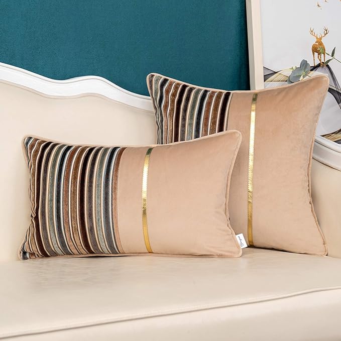 Yangest Brown Striped Patchwork Throw Pillow Cover Gold Leather Cushion Cover Zippered Pillowcase for Sofa Couch Bedroom Living Room Home Decoration,20x20 Inch